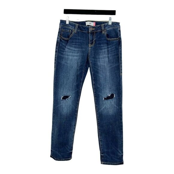 CAbi Slim Boyfriend Patch Jeans Size 4 Style #5695 Distressed Patches - Picture 1 of 4